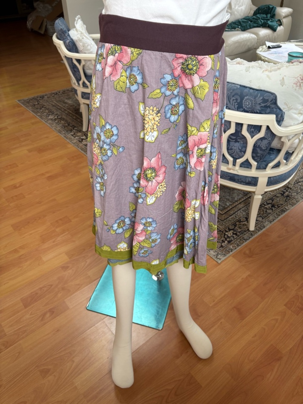 Floral Dusty Mauve Midi Skirt with Pink & Blue Blooms